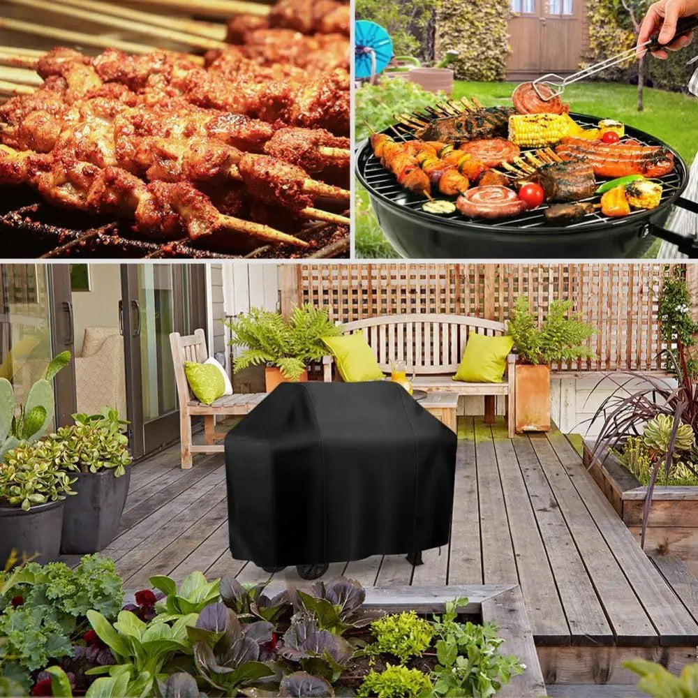 A black waterproof BBQ grill cover is placed on a wooden deck surrounded by potted plants.