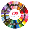 A circular display of 200 multicolor embroidery floss threads in various shades of pink, purple, yellow, green, and blue.