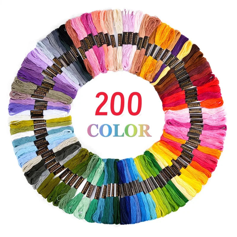 A circular display of 200 multicolor embroidery floss threads in various shades of pink, purple, yellow, green, and blue.