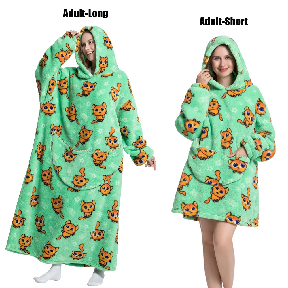 A green plush fleece blanket hoodie with an orange animal print design shown on a model.