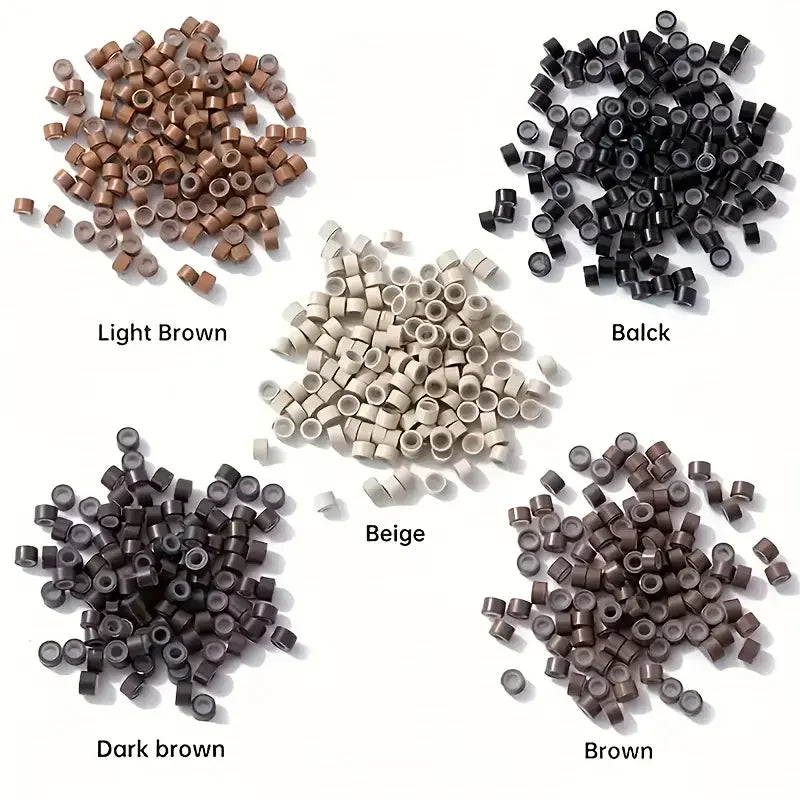 A collection of professional hair extension bead tools in various shades including Light Brown, Balck, Beige, Dark brown, and