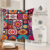 A close-up of colorful boho chic mandala plaid pillow covers displayed against a white background with features highlighting 