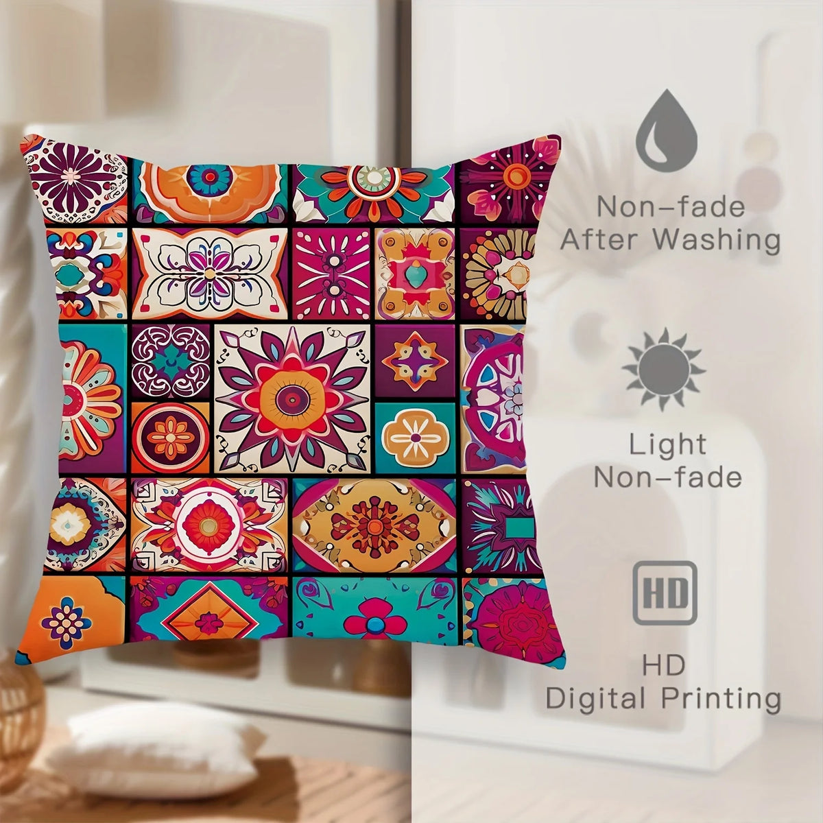 A close-up of colorful boho chic mandala plaid pillow covers displayed against a white background with features highlighting 