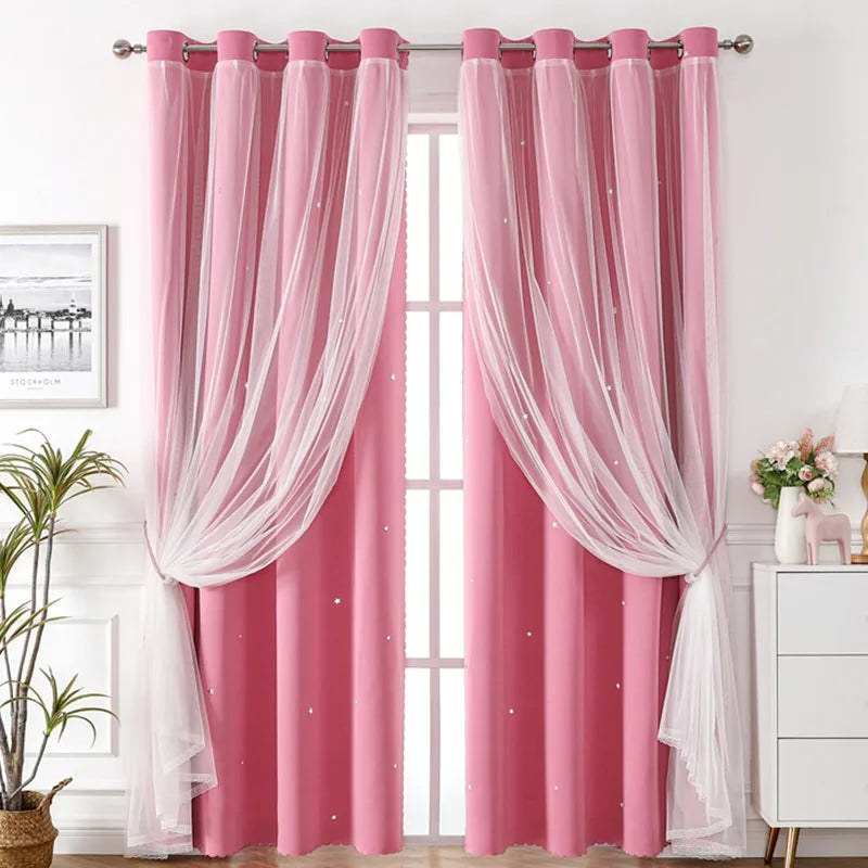Pink sheer double-layer decorative curtains hanging in a window with white trim