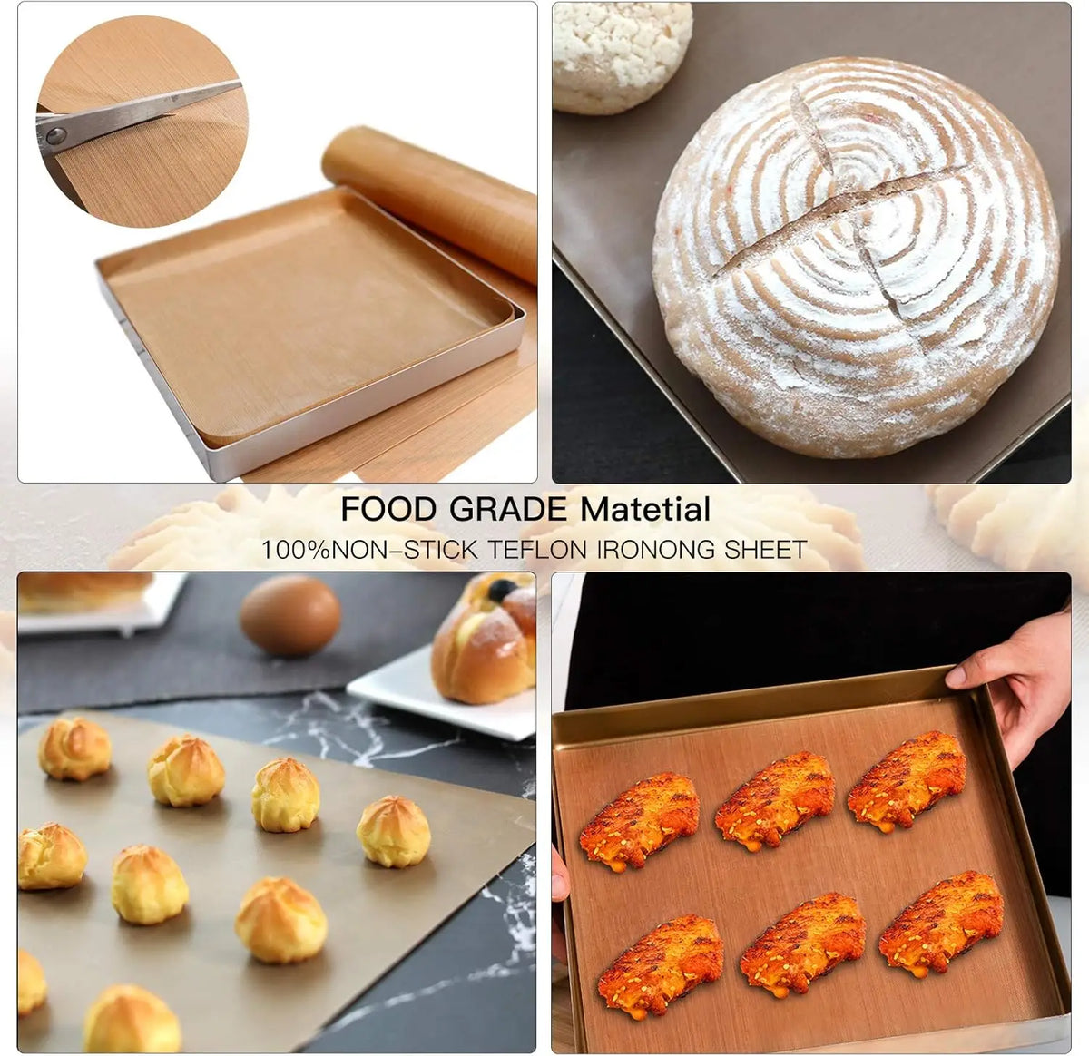 A set of food grade non-stick Teflon ironing sheets and a round bread loaf.