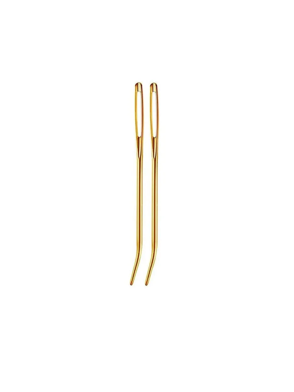 A pair of gold-colored bent tip tapestry needles.
