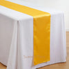 Elegant satin gold table runner draped across a white tablecloth.
