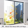 A modern glass door showing a city skyline view with a reflection, demonstrating the ability to block about 95% of UV rays.