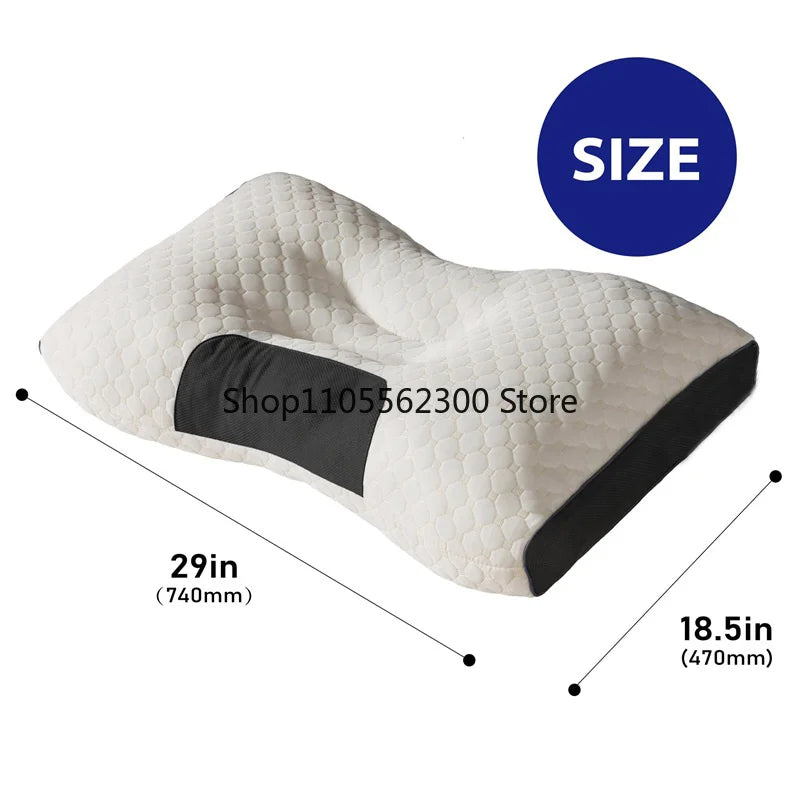 A white quilted ergonomic neck support pillow shown from above with size dimensions.