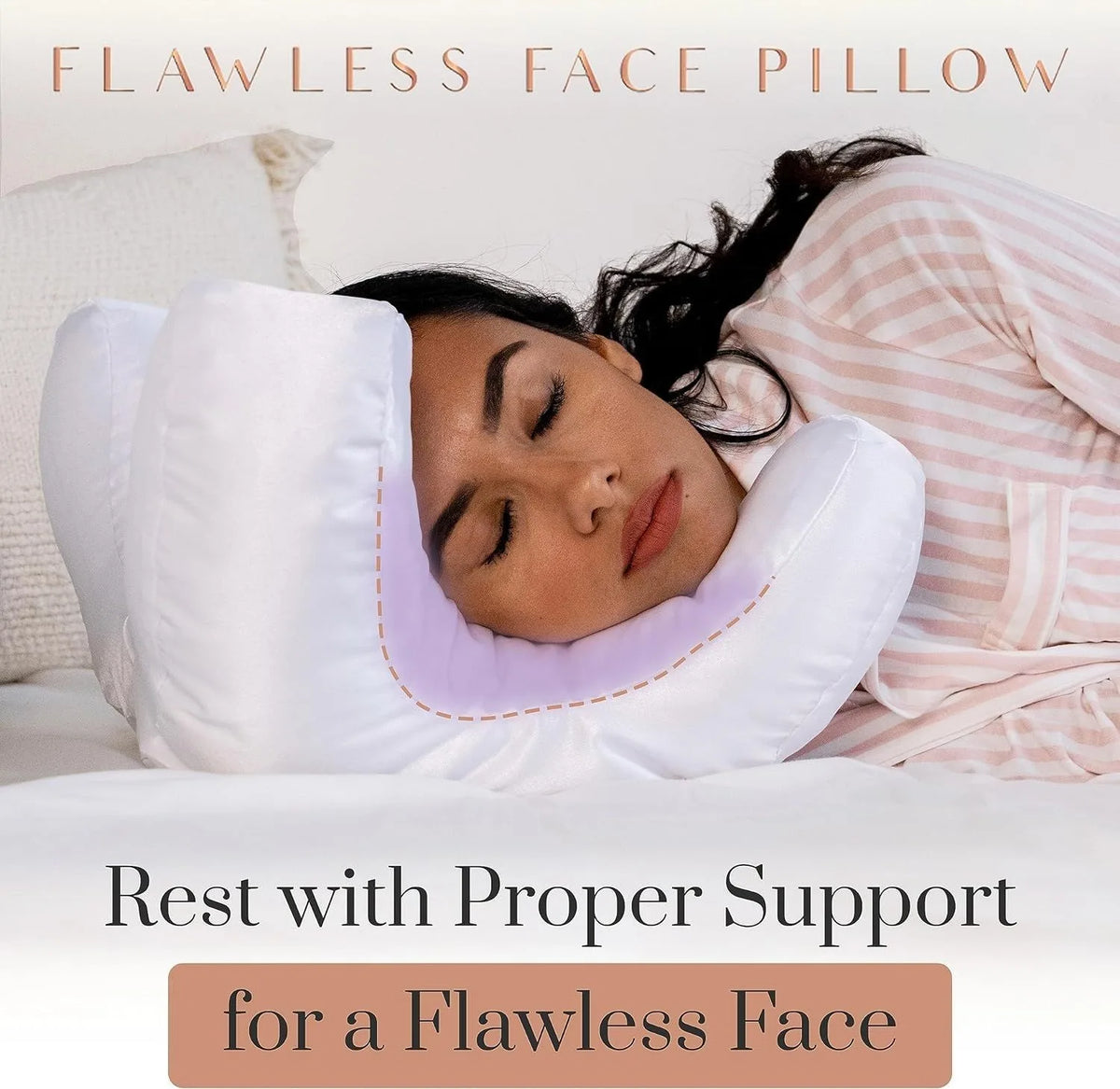 A woman is sleeping comfortably with a white flawless face pillow, resting her head on it.