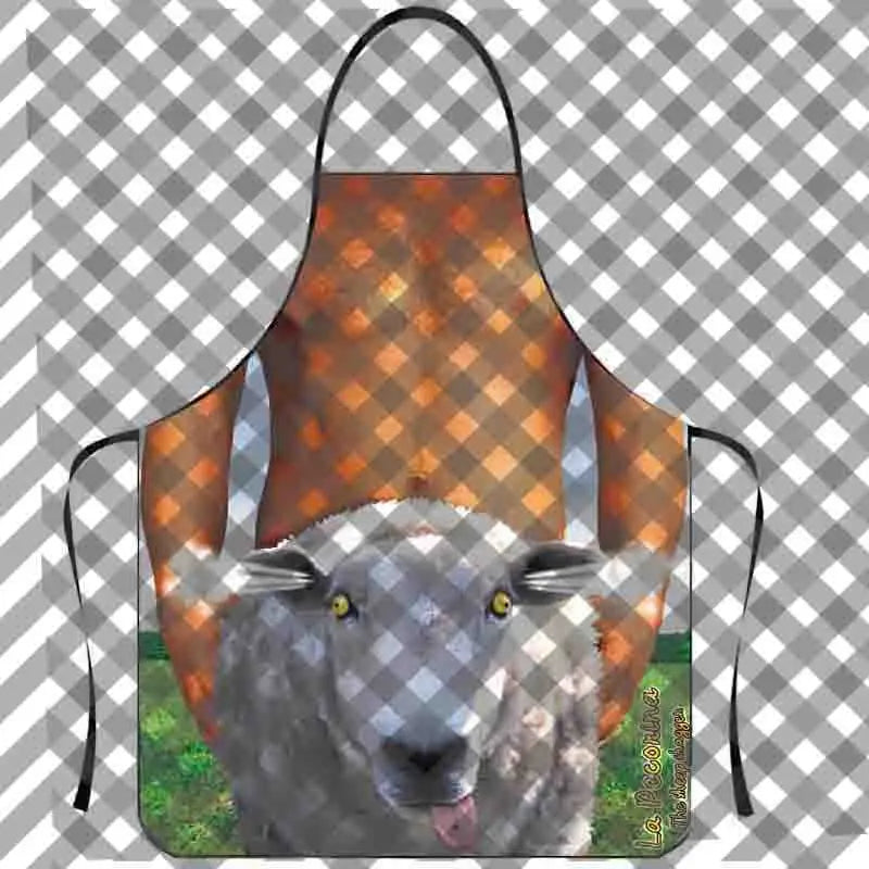 A close-up of a gray goat wearing an orange checkered apron.