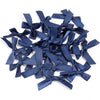A collection of dark blue satin ribbon bows for craft and decoration.