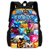 A black backpack featuring a colorful cartoon design of various fruits and vegetables.