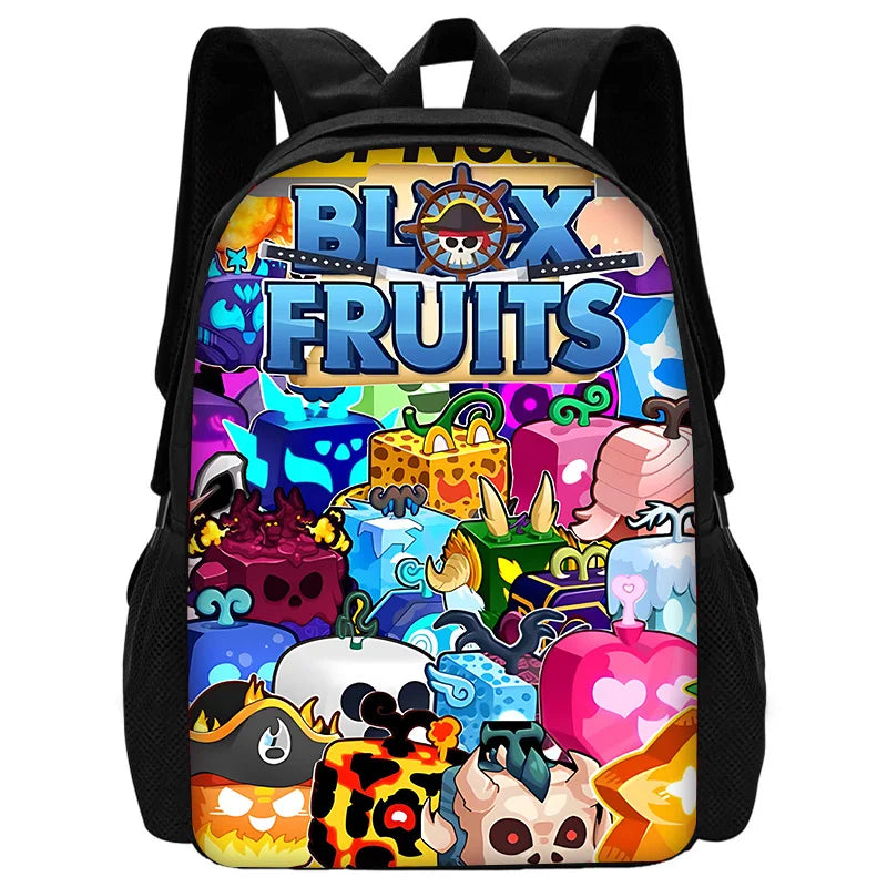 A black backpack featuring a colorful cartoon design of various fruits and vegetables.