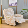 A beige floral print recliner and sofa slipcover set displayed on a wooden floor.