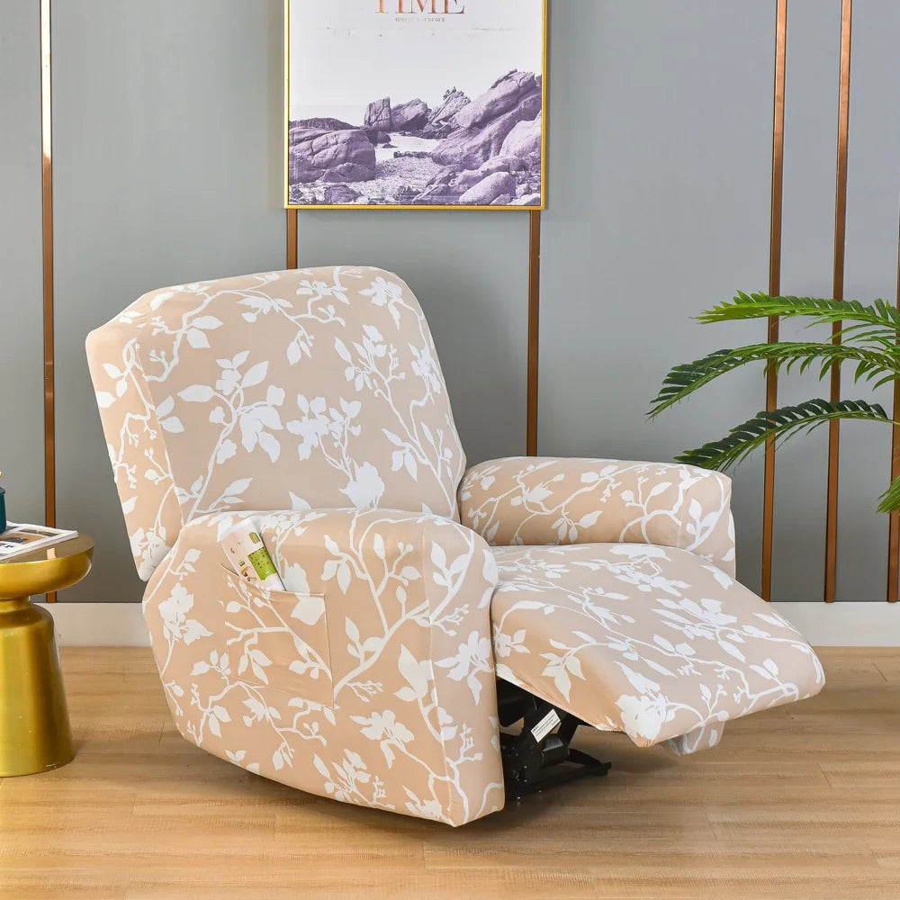 A beige floral print recliner and sofa slipcover set displayed on a wooden floor.