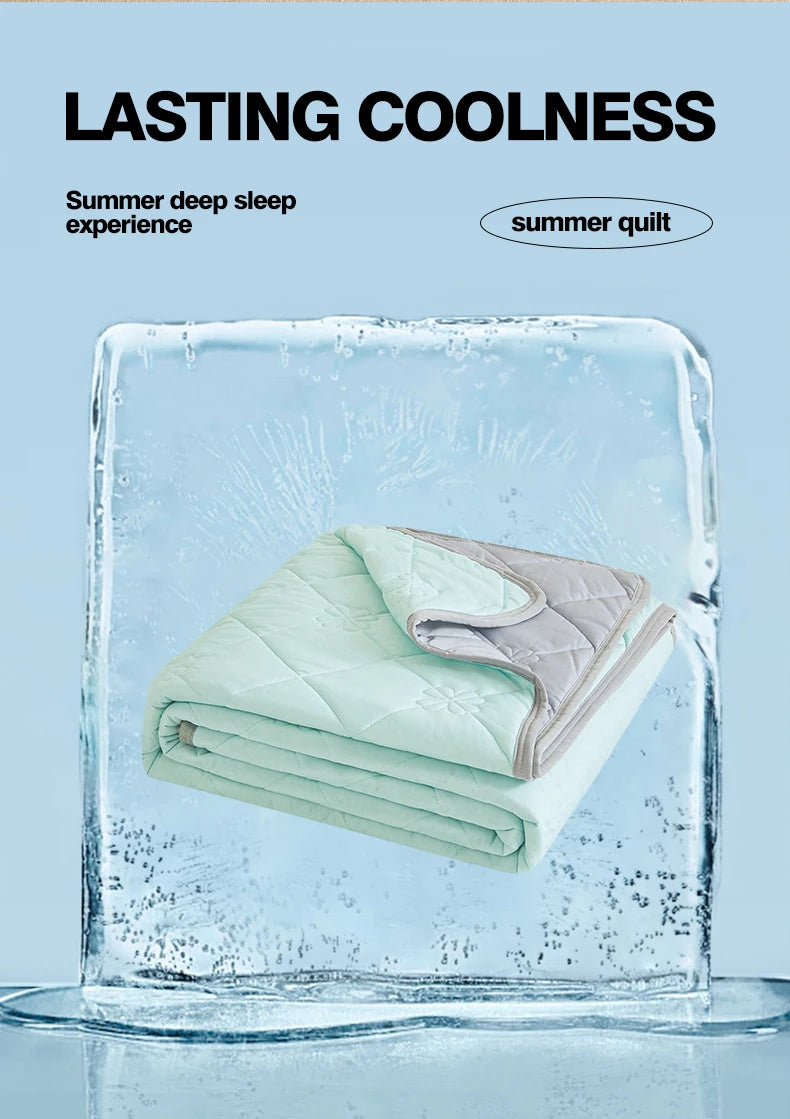 A folded light green summer quilt resting inside a block of ice, symbolizing lasting coolness.