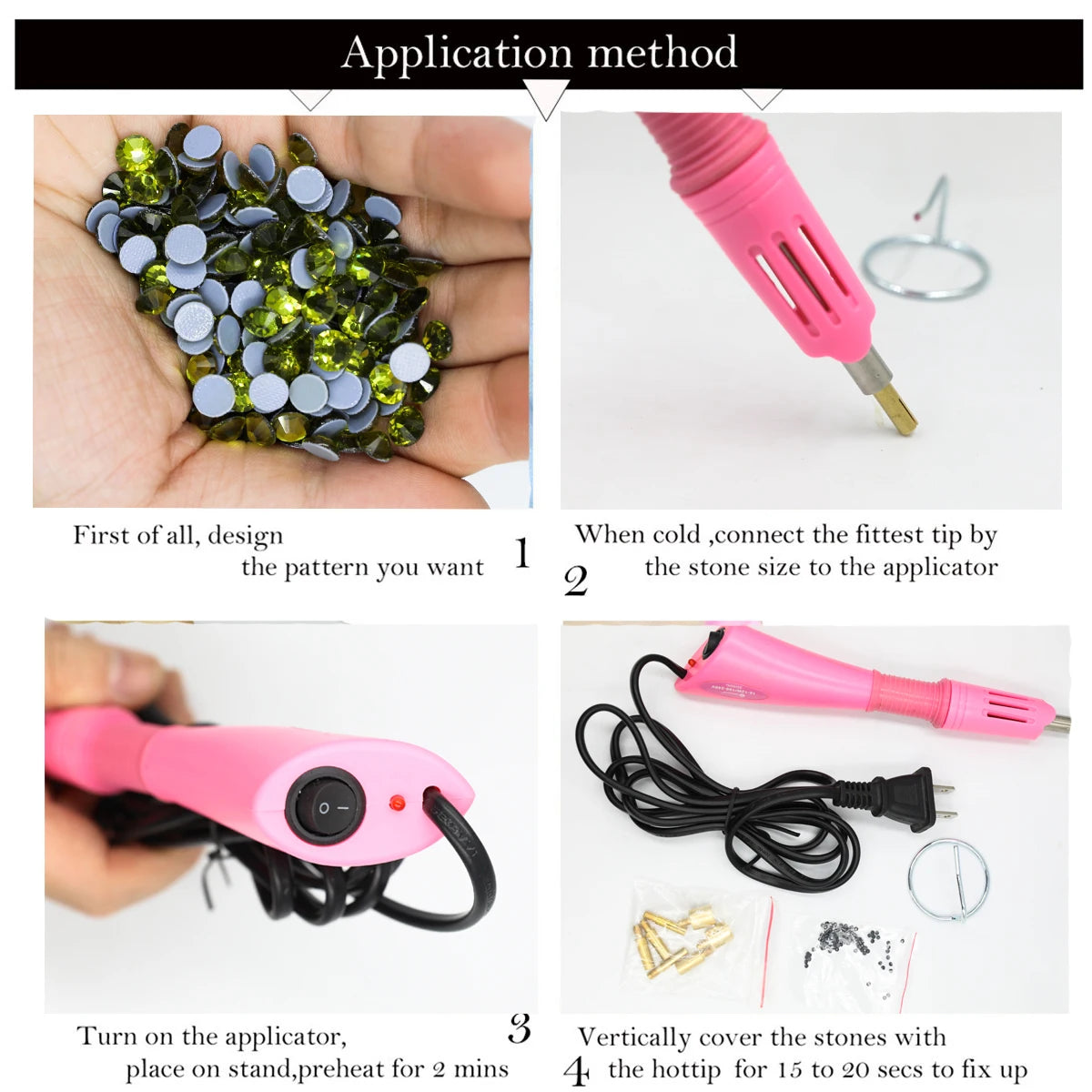 A set of crystal rhinestones and an applicator tool used to fix stones.