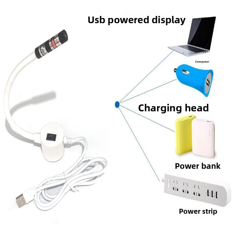 A setup showing a USB powered display, charging head, power bank, and power strip connected to a laptop.