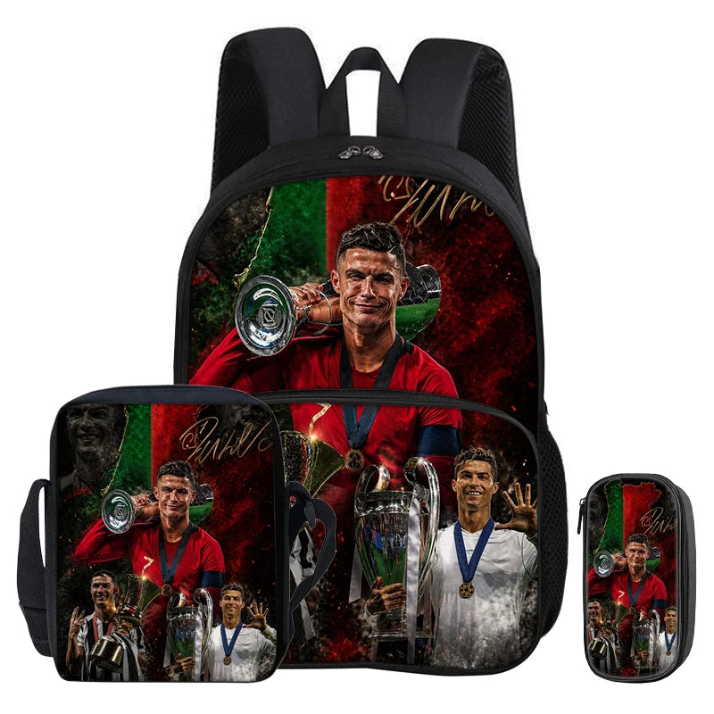 Black football sport backpack featuring a graphic of a soccer player and team colors