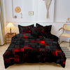 Black and red geometric grid plaid duvet cover set displayed on a bed with minimalist decor.