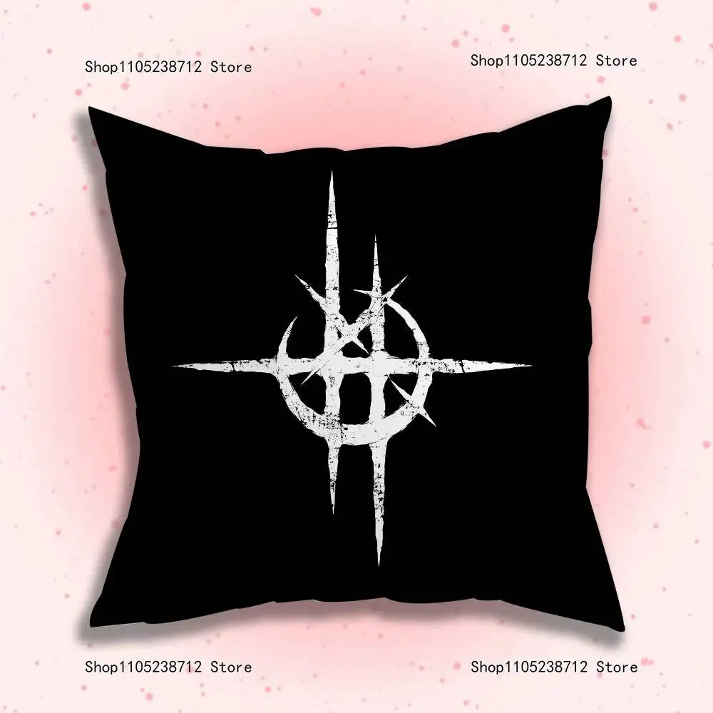 Black throw pillow cover featuring a white double-sided gothic cyber sigil design.