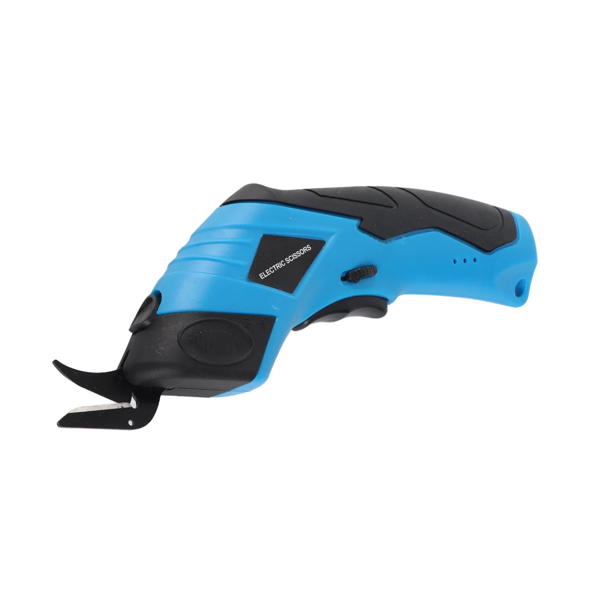 A blue and black cordless electric scissors tool for cutting fabric, carpet, or leather.