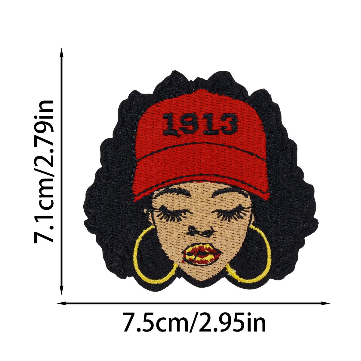 A black and red embroidered patch featuring a woman's face with curly hair and the year 1913 stitched on the forehead.