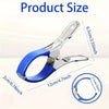 A pair of heavy-duty stainless steel pool cover clips with blue handles and a measurement guide.