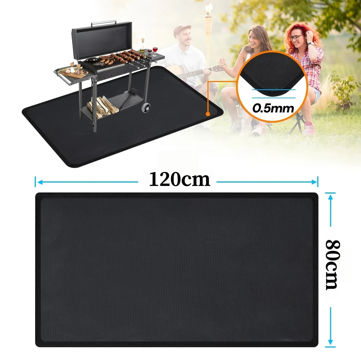 Black heavy-duty double-sided grill mat used for outdoor cooking and grilling.
