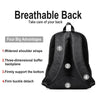Black breathable backpack shown with four features highlighted: widened shoulder straps, three-dimensional backplane, firm bo