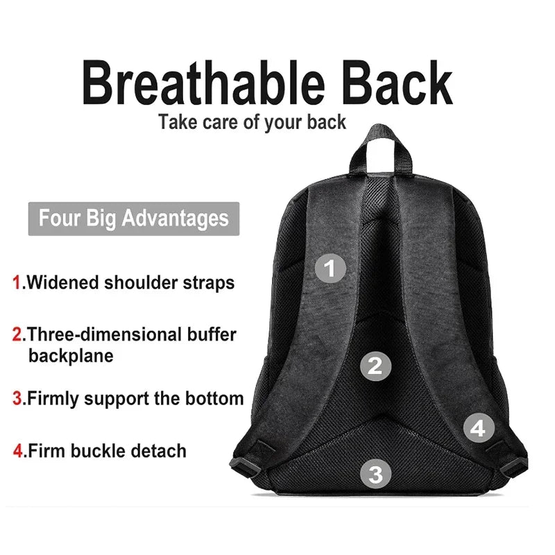 Black breathable backpack shown with four features highlighted: widened shoulder straps, three-dimensional backplane, firm bo