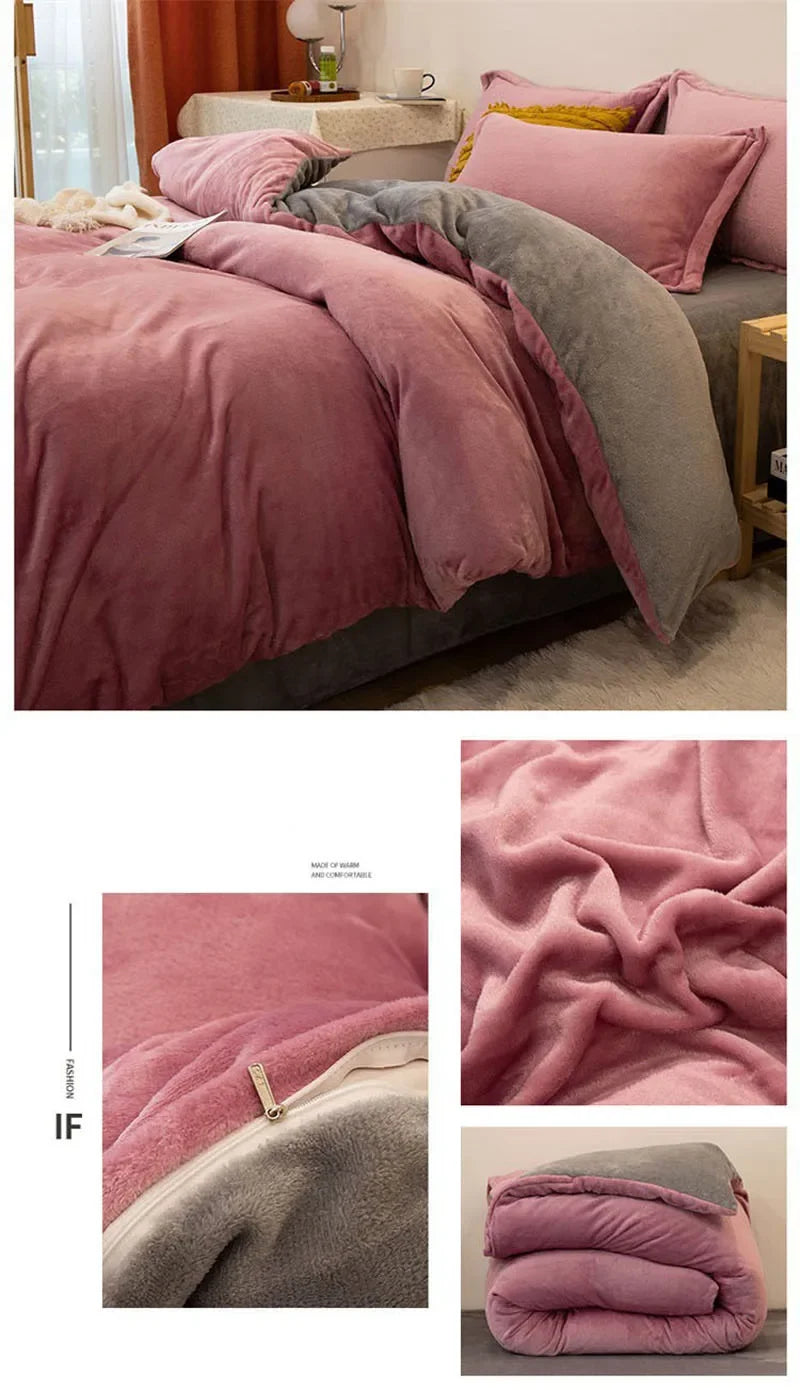 A set of luxurious flannel duvet covers in shades of dusty rose and gray, shown folded and draped on a bed.