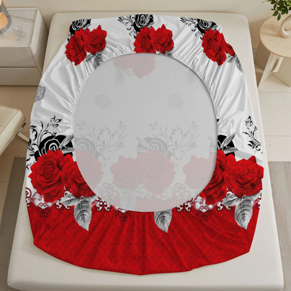 A red rose printed fitted mattress cover with a white background and black accents.