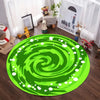 Vibrant green swirl round area rug on a wooden floor.