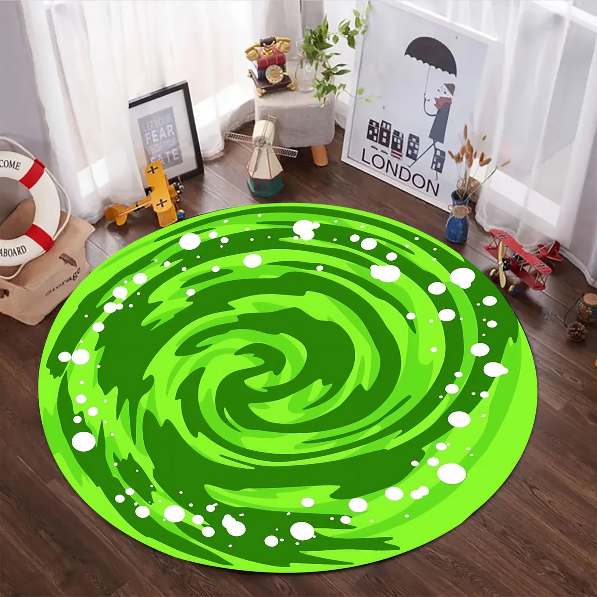 Vibrant green swirl round area rug on a wooden floor.