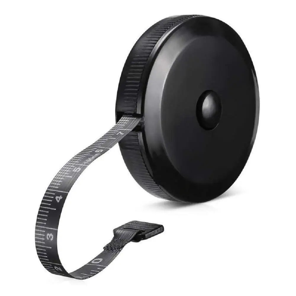 A close-up view of a black flexible body measuring tape with a black plastic casing and a black strap.