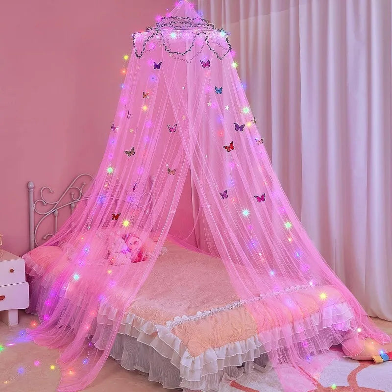 Pink decorative bed curtain mosquito net with butterfly embellishments draped over a bed