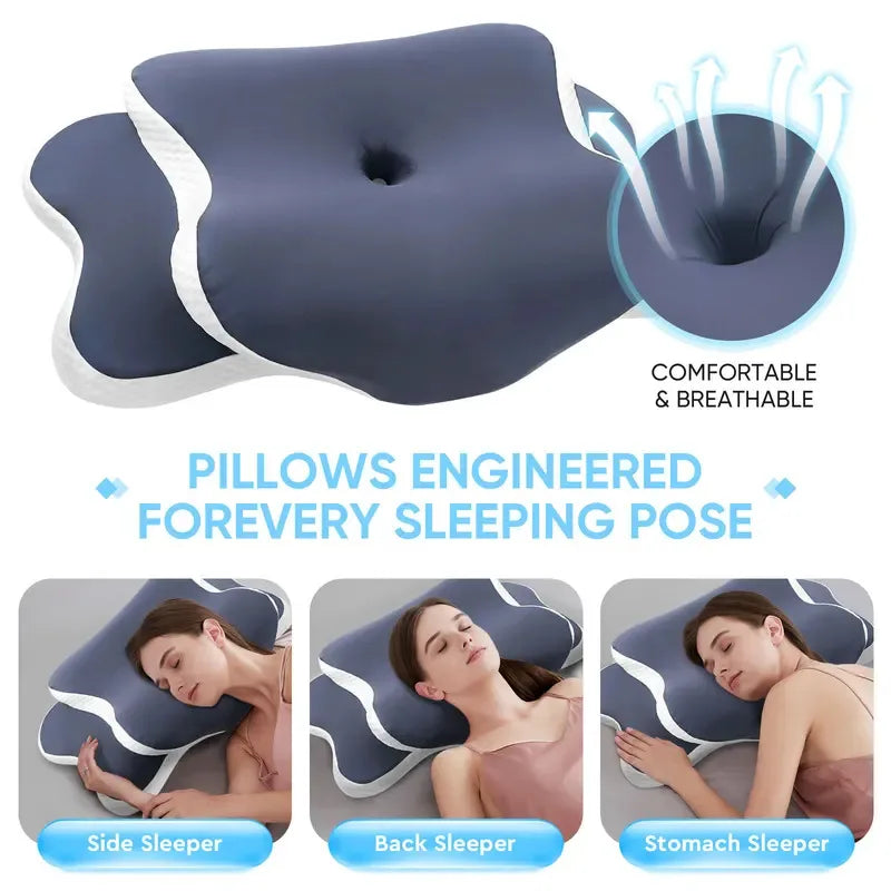 Three pillows designed for sleeping positions: side, back, and stomach sleeper.