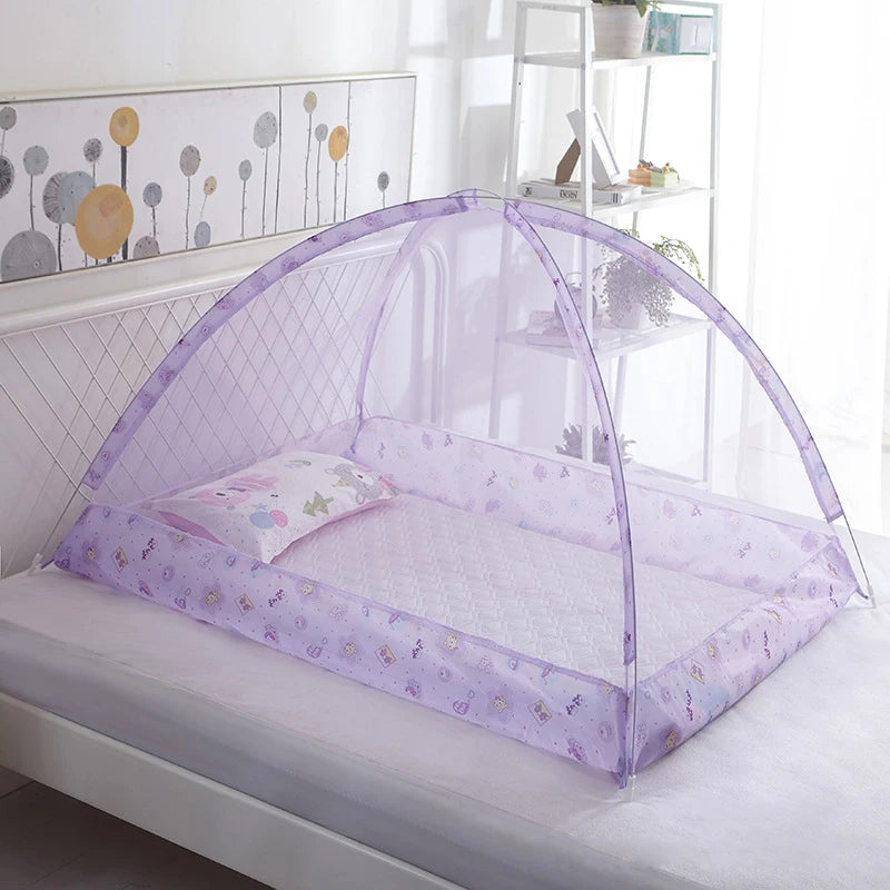 A purple foldable mosquito net designed for an infant crib, shown on a white bed.
