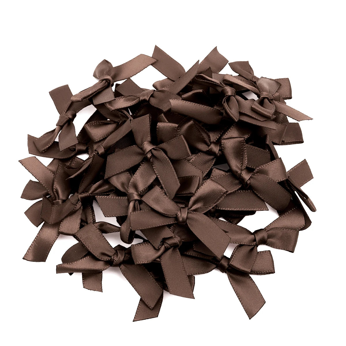A pile of dark brown satin ribbon bows for craft and decoration.