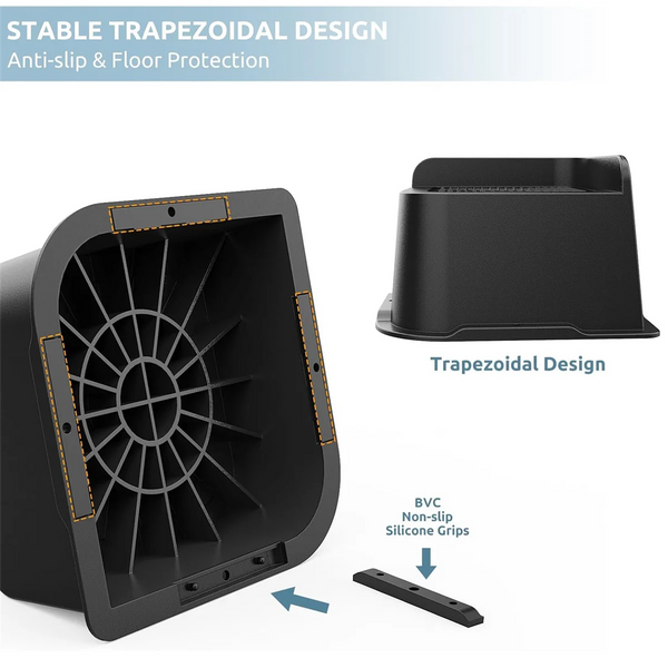 A black trapezoidal design furniture riser with silicone grips shown next to a separate grip piece.
