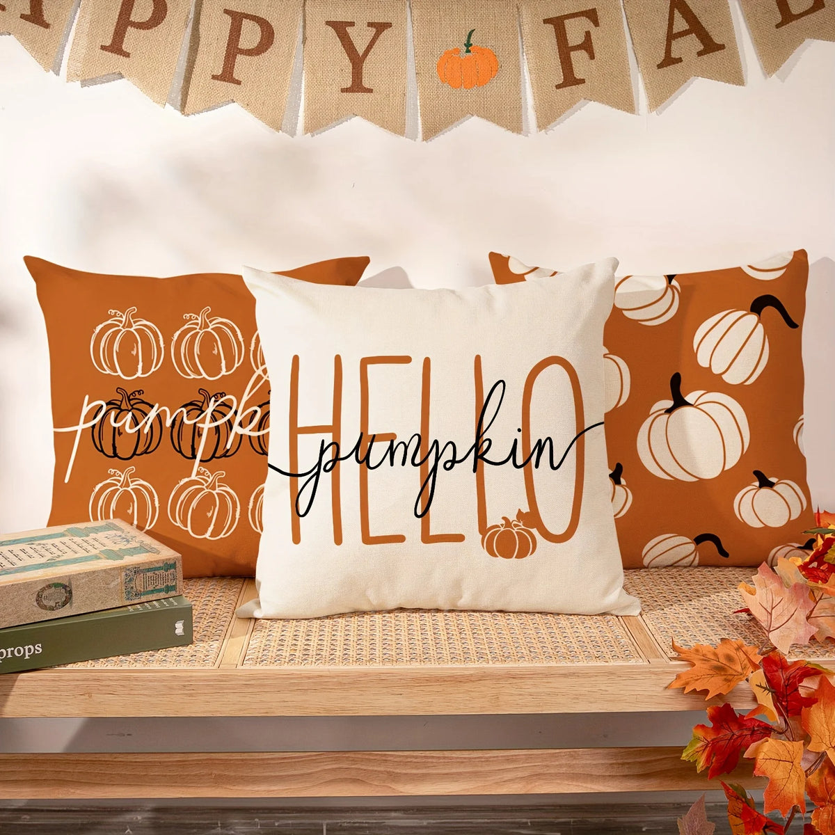 A white pumpkin pillow cover with black script text spelling out HELLO pumpkin