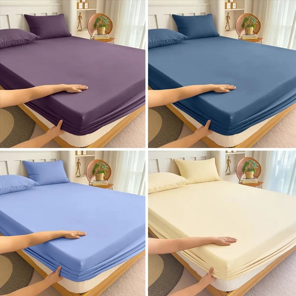 Hands demonstrate the fit and texture of a universal fitted bed sheet set in various colors like purple, blue, and cream.