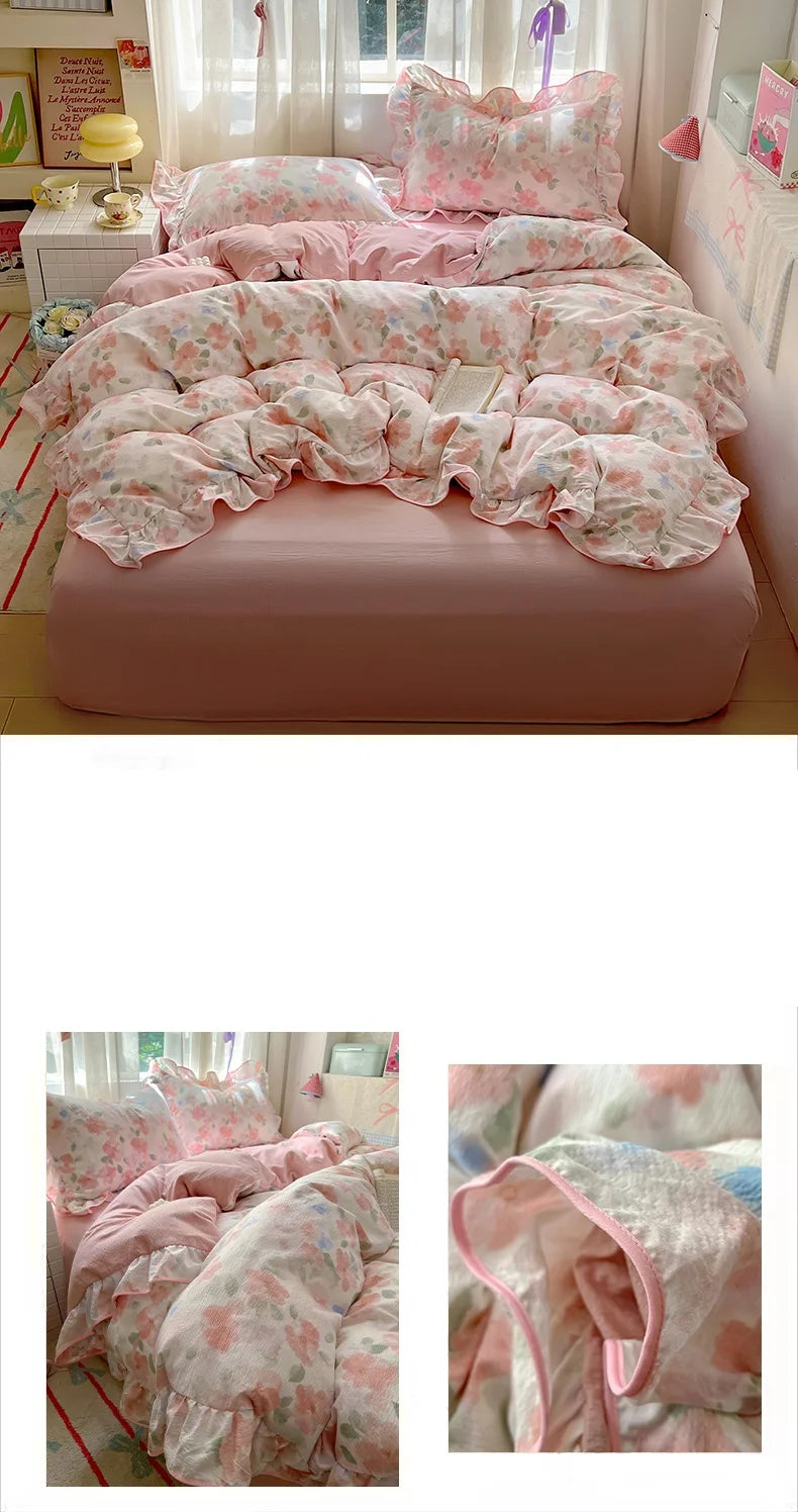 A pink floral bedding set featuring ruffled fabric and decorative pillows on a bed.