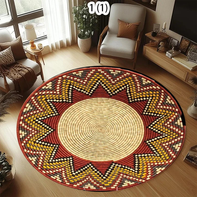 A round bohemian style decorative carpet featuring geometric patterns in yellow, red, and natural fibers.