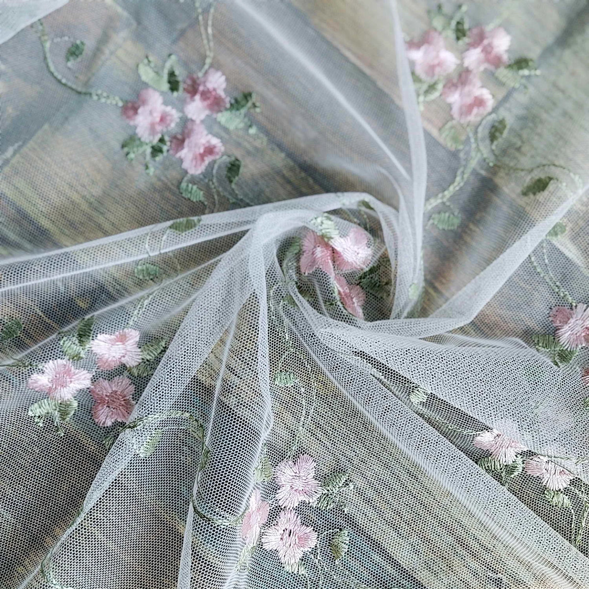 Sheer gray floral embroidery lace curtain draped softly