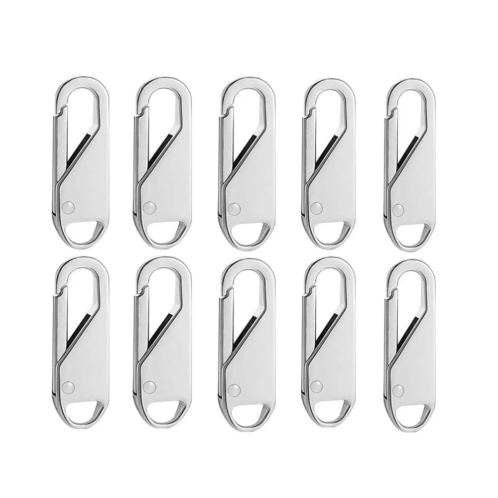 A set of twelve detachable metal zipper puller repair kits arranged in a grid.
