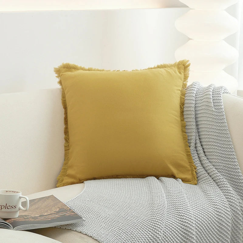 Washed Cotton Solid Cushion Cover with Tassel Fringe