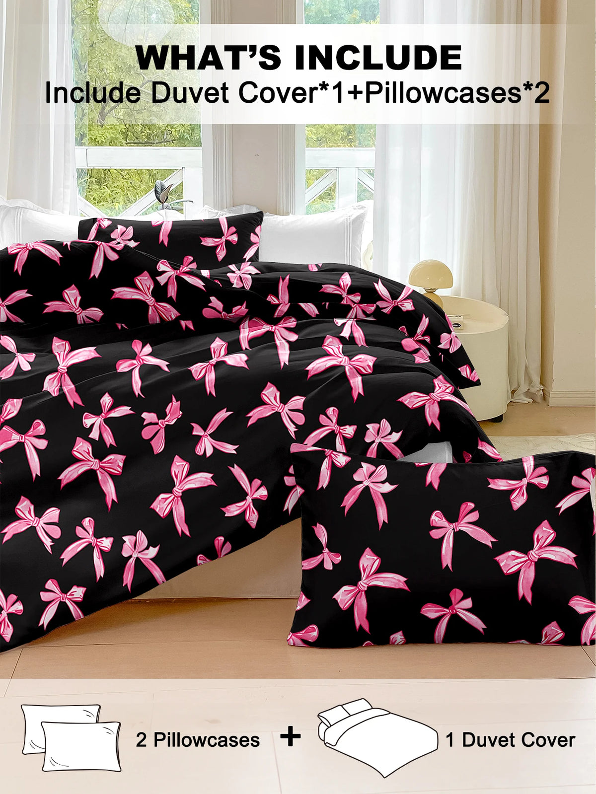 Black duvet cover set featuring a pink plaid bow print and two matching pillowcases.